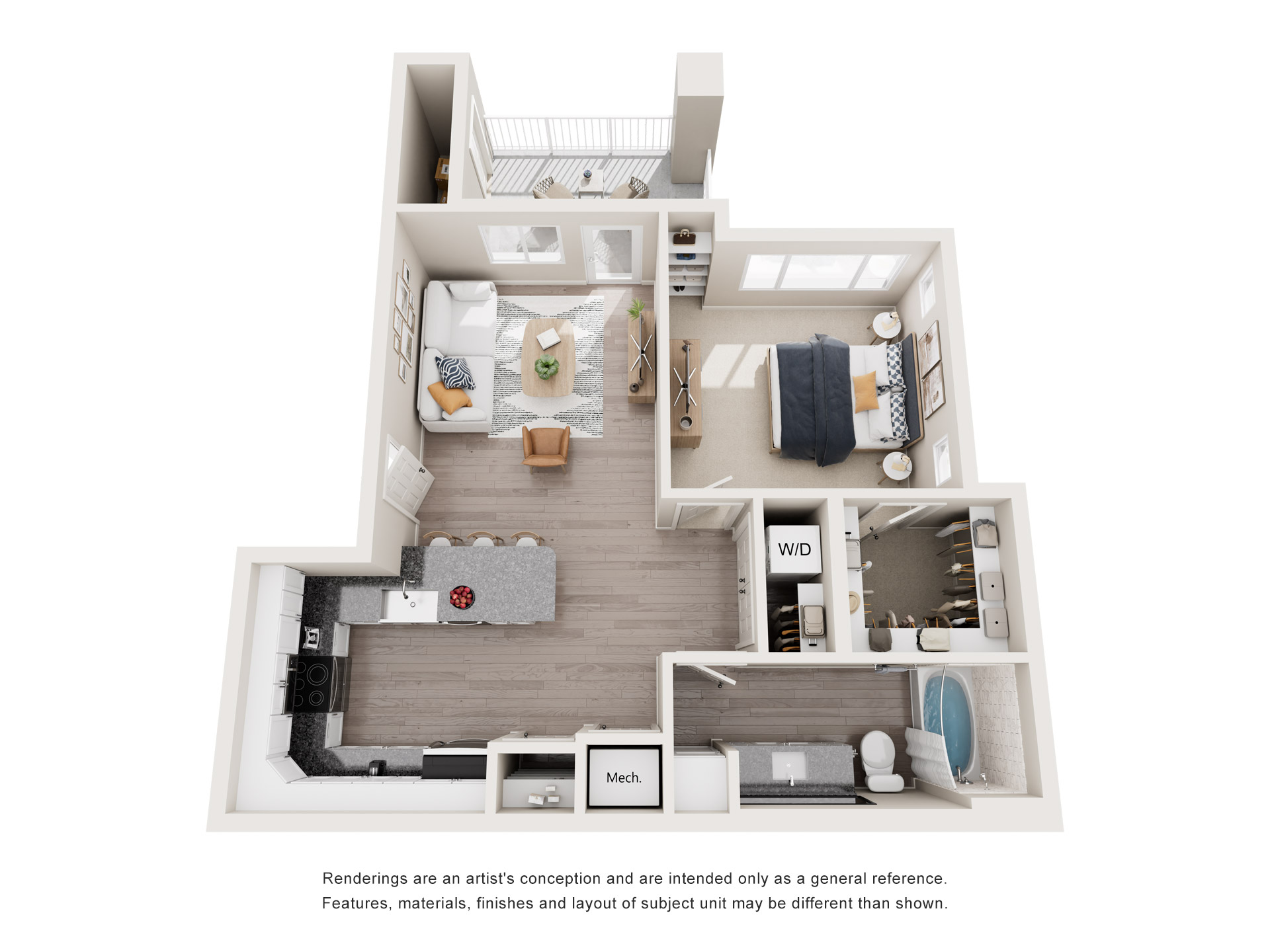 Floor plan for 1 bed, 1 bath, 762 sqft